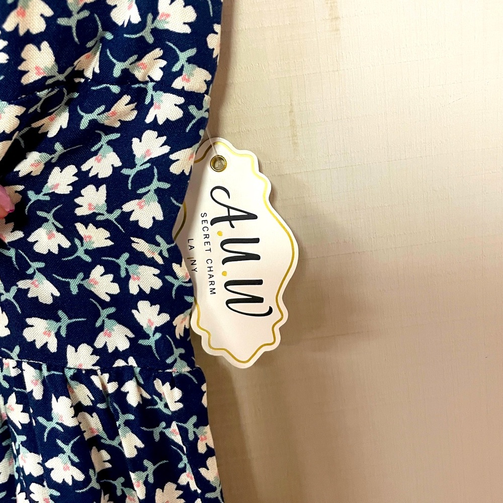 NWT AUW Blue White Green Floral Ruffle Strap Elastic Eaist Midi Dress Sz M - Picture 6 of 8